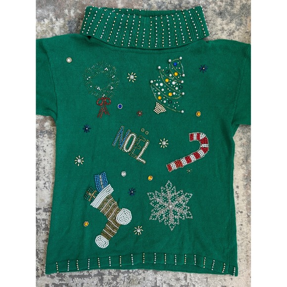VTG beaded green ugly christmas sweater wide cowl neck ramie cotton L - Picture 2 of 8